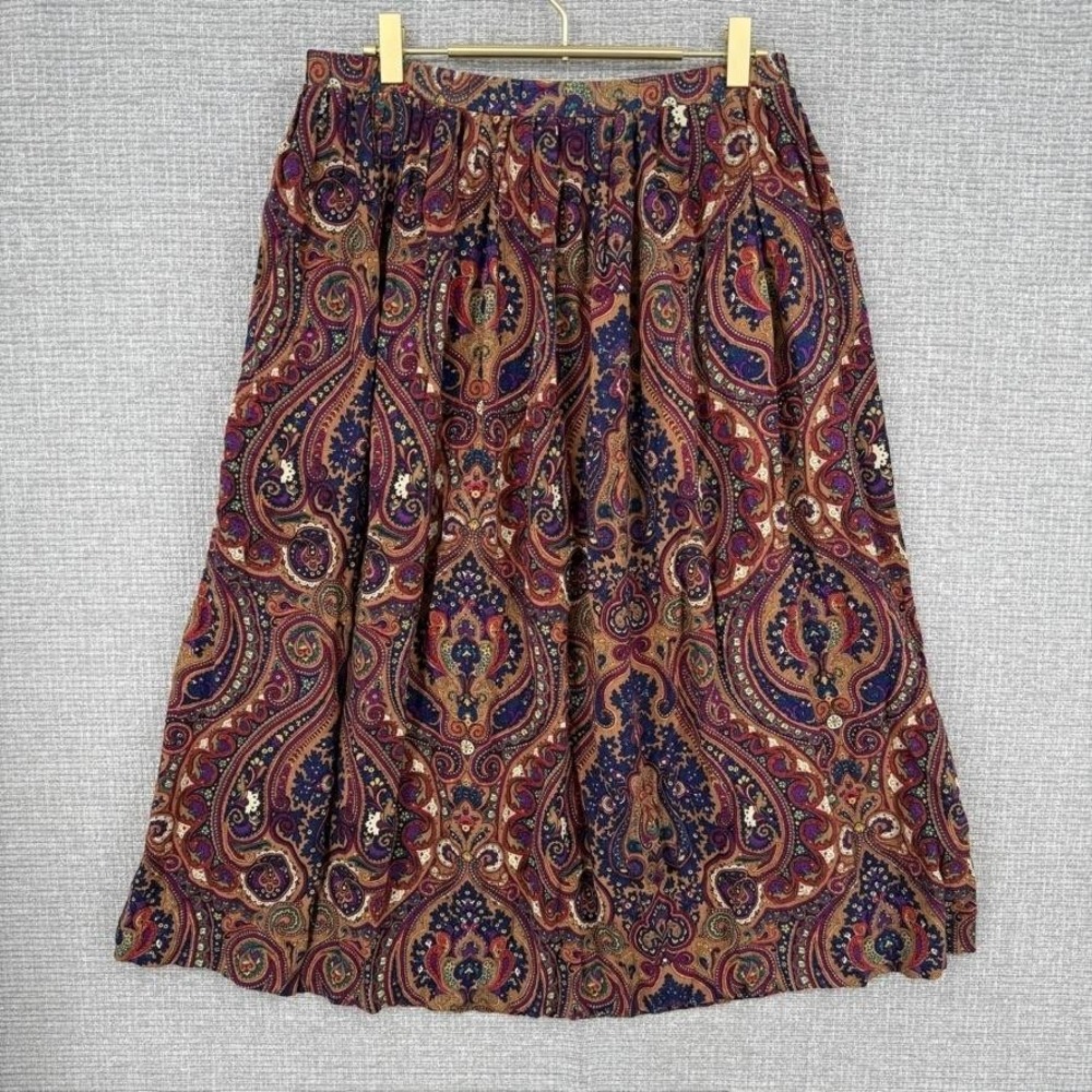 Y2K Vtg Paisley Peasant Skirt Women M‎ Brown Rayon Elastic Waist Midi Ren Office
